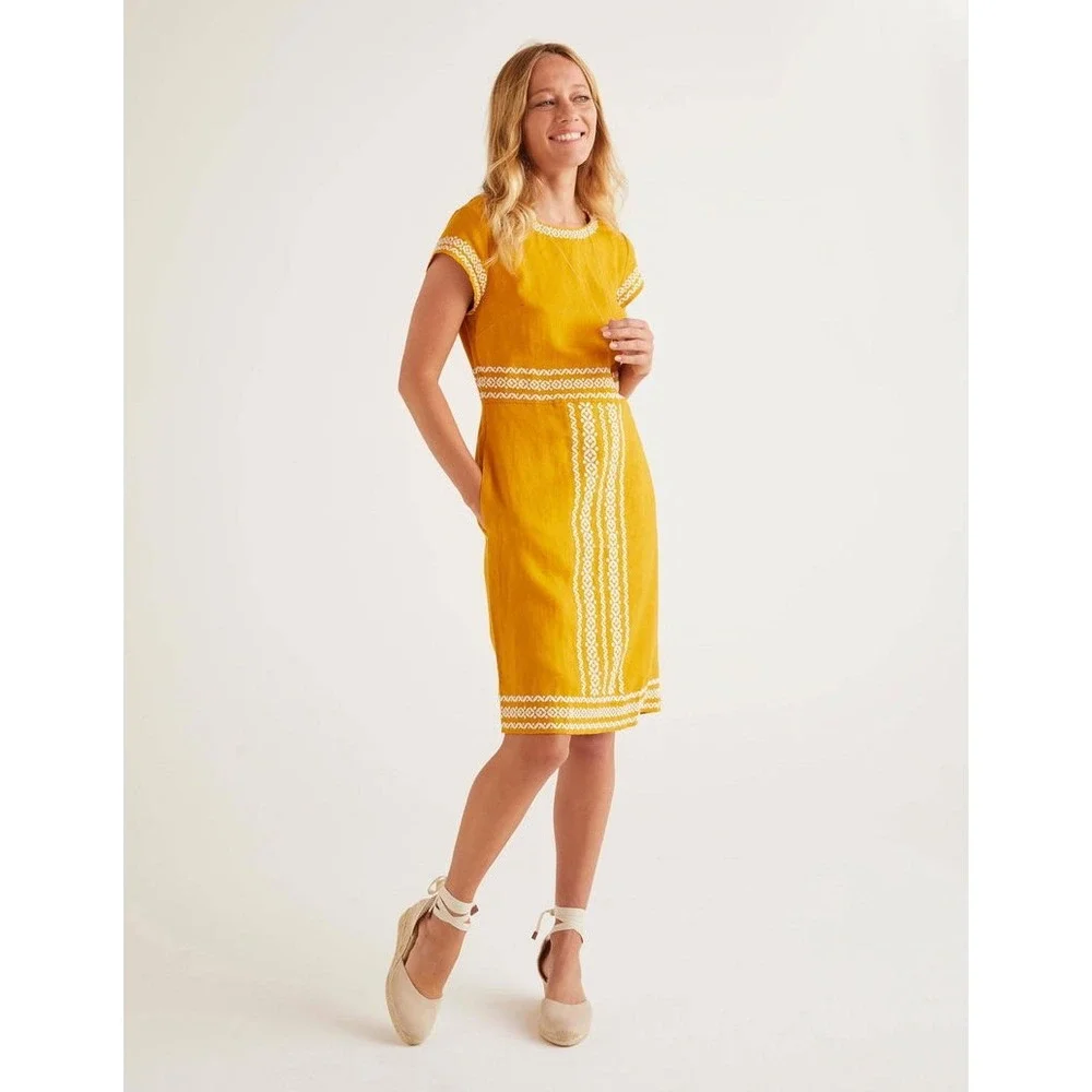 Boden Laura Linen Embroidered Mustard Yellow Linen Shift Dress US 8R